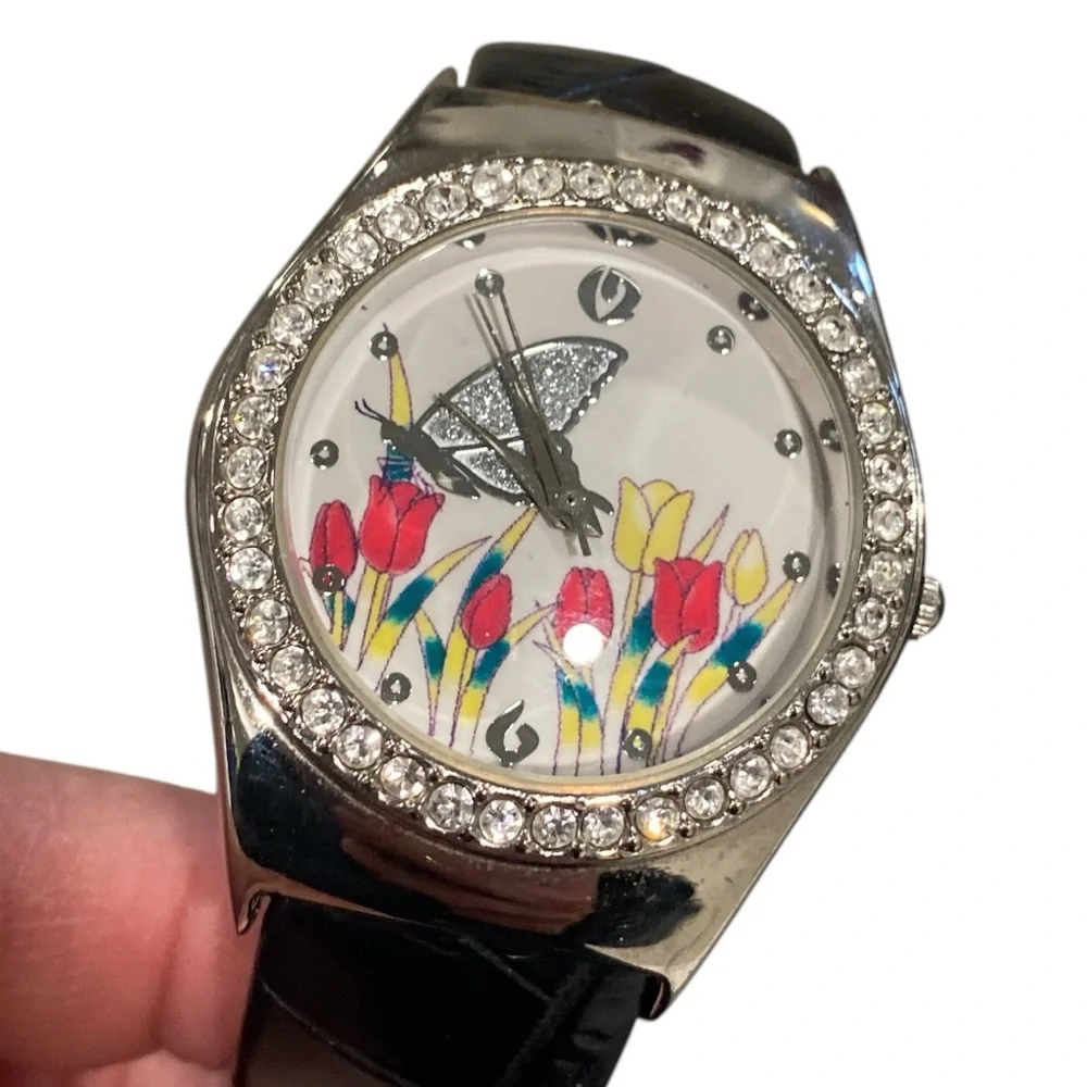 Butterfly Tulips Rhinestone Leather Band Cuff Watch - NEEDS BATTERY